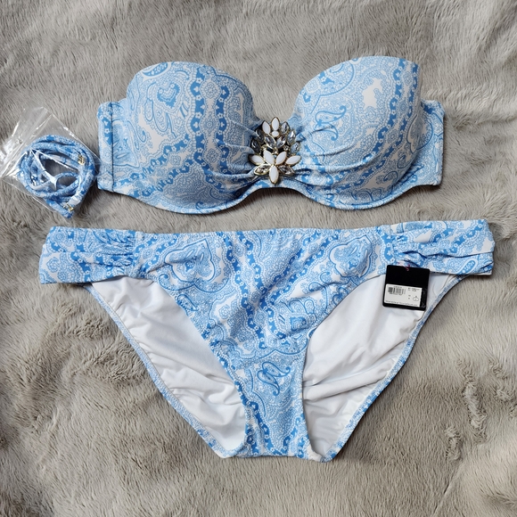 Victoria's Secret Other - Victoria's Secret Light Blue Paisley Bandeau Bikini with Jewel Accent